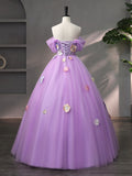 Purple Tulle Lace Long Prom Dress, Beautiful Off the Shoulder Formal Evening Dress HZ0429