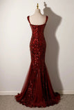 Mermaid Sequins Long Prom Dress, Burgundy Backless Evening Party Dress HZ0429