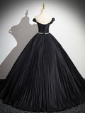 Black Pleated Long A-line Party Gown with Rhinestone Sash, Elegant Off the Shoulder Formal Evening Dress HZ0429