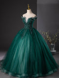 Dark Green Tulle Sequins Long Formal Dress, Retro Off the Shoulder Evening Party Dress HZ0429