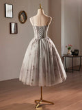 Gray Tulle Sequins Short A-Line Prom Dress, Lovely Spaghetti Strap Evening Party Dress HZ0429