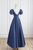 Navy Satin Long Prom Dress, A-Line Short Sleeve Evening Party Dress HZ0429