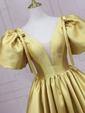 Yellow V-neck Satin Long Prom Dress, Elegant Short Sleeve Evening Party Dress HZ0429