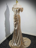 Gold  Sequins Floor Length Prom Dress, Mermaid Off the Shoulder Evening Party Dress HZ0429