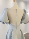 Lovely Satin Pearl Long Prom Dress, A-Line Short Sleeve Evening Party Dress HZ0429