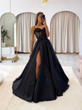 Black Chiffon Lace Long Prom Dress, Black Spaghetti Strap A-Line Evening Dress with Slit HZ0429