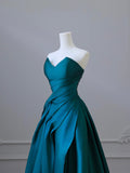 A-Line Satin Floor Length Prom Dress, Blue Strapless Evening Party Dress HZ0429