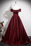 Burgundy Satin Long Prom Dress, A-Line Off the Shoulder Party Dress HZ0429