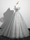 A-Line Off the Shoulder Sparkly Prom Dress, Gray Tulle Corset Floor Length Evening Dress HZ0429