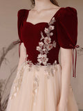 Burgundy Velvet and Tulle Long Prom Dress, Elegant A-Line Short Sleeve Evening Dress HZ0429