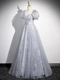 Gray Tulle Beaded Floor Length Prom Dress, A-Line Short Sleeve Evening Party Dress HZ0429