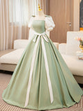 White and Green Satin Long Prom Dress, A-Line Short Sleeve Evening Party Dress HZ0429