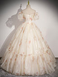 Champagne Floral Tulle Long Prom Dress, Beautiful Short Sleeve A-Line Evening Party Dress HZ0429