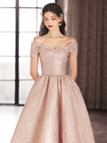 Cute Satin Tea Length Prom Dress, Off the Shoulder Pink A-Line Party Dress HZ0429