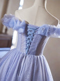 Lilac Tulle Knee Length Prom Dress, Lovely A-Line Off the Shoulder Evening Party Dress HZ0429