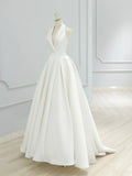 White V-Neck Satin Long Prom Dress, Elegant A-Line Formal Party Dress HZ0429