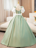 White and Green Satin Long Prom Dress, A-Line Short Sleeve Evening Party Dress HZ0429
