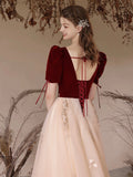 Burgundy Velvet and Tulle Long Prom Dress, Elegant A-Line Short Sleeve Evening Dress HZ0429
