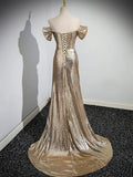 Gold  Sequins Floor Length Prom Dress, Mermaid Off the Shoulder Evening Party Dress HZ0429