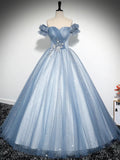 Blue Tulle Long Prom Dress, Lovely A-Line Off the Shoulder Party Dress HZ0429