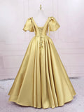 Yellow V-neck Satin Long Prom Dress, Elegant Short Sleeve Evening Party Dress HZ0429