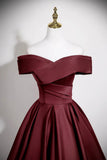 Burgundy Satin Long Prom Dress, A-Line Off the Shoulder Party Dress HZ0429