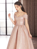 Cute Satin Tea Length Prom Dress, Off the Shoulder Pink A-Line Party Dress HZ0429