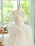 Light Champagne Spaghetti Strap Tulle Long Prom Dress, Beautiful A-Line Formal Evening Dress HZ0429