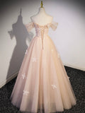 Light Pink Tulle Floor Length Prom Dress, Beautiful Off the Shoulder Evening Party Dress HZ0429