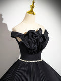 Black Pleated Long A-line Party Gown with Rhinestone Sash, Elegant Off the Shoulder Formal Evening Dress HZ0429