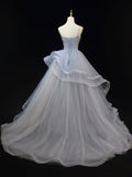 Beautiful Gray Cascading Ruffles Pearl Prom Dress, A-line Spaghetti Straps Sleeveless Backless Formal Dress HZ0429