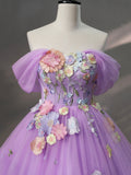 Purple Tulle Lace Long Prom Dress, Beautiful Off the Shoulder Formal Evening Dress HZ0429