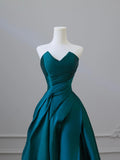 A-Line Satin Floor Length Prom Dress, Blue Strapless Evening Party Dress HZ0429