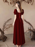 Burgundy Velvet Long Prom Dress, Lovely A-Line Short Sleeve Party Dress HZ0429