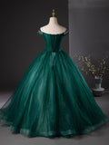 Dark Green Tulle Sequins Long Formal Dress, Retro Off the Shoulder Evening Party Dress HZ0429