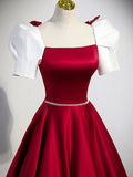 White and Burgundy Satin Long Prom Dress, Beautiful A-Line Short Sleeve Evening Dress HZ0429
