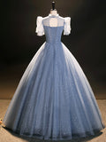 Blue Tulle Long A-Line Prom Dress, Beautiful Short Sleeve Evening Party Dress HZ0429