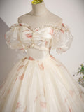 Champagne Floral Tulle Long Prom Dress, Beautiful Short Sleeve A-Line Evening Party Dress HZ0429