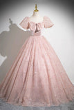 Pink Tulle Sequins Long Prom Dress, Lovely A-Line Party Dress with Bow HZ0429