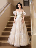 Champagne Off the Shoulder Long Prom Dress, Beautiful A-Line Evening Party Dress HZ0429