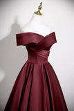 Burgundy Satin Long Prom Dress, A-Line Off the Shoulder Party Dress HZ0429