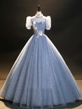 Blue Tulle Long A-Line Prom Dress, Beautiful Short Sleeve Evening Party Dress HZ0429