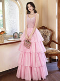Pink/Blue Tulle Layers Long A-Line Prom Dress, A-Line Spaghetti Strap Sequins Evening Dress HZ0429