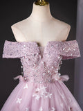 Lovely A-Line Tulle Sequins Long Prom Dress, Light Purple Off the Shoulder Party Dress HZ0429