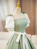 White and Green Satin Long Prom Dress, A-Line Short Sleeve Evening Party Dress HZ0429