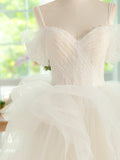 Light Champagne Spaghetti Strap Tulle Long Prom Dress, Beautiful A-Line Formal Evening Dress HZ0429