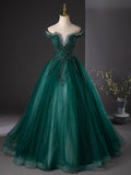 Dark Green Tulle Sequins Long Formal Dress, Retro Off the Shoulder Evening Party Dress HZ0429