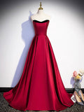 Burgundy Satin Strapless Prom Dress, Simple A-Line Party Dress with Detachable Sleeve HZ0429