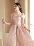 Cute Satin Tea Length Prom Dress, Off the Shoulder Pink A-Line Party Dress HZ0429