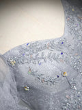 Gray Tulle Beaded Floor Length Prom Dress, A-Line Short Sleeve Evening Party Dress HZ0429